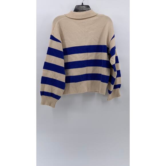 HYFVE Women's Blue-Beige Knit One-Button Lorraine Cobalt Stripe Polo Sweater SZS - Picture 2 of 10